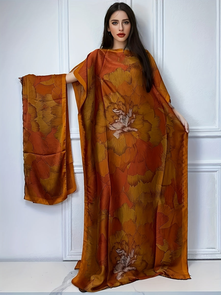 WINYI Print Boat Neck Abaya, Elegant Short Batwing Sleeve Loose Dress for Women's Clothing - Coral