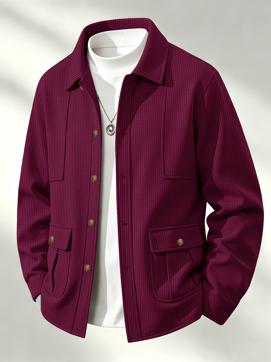 Men'S New Fall Winter Waffle Knit Shirt Jacket with Lapel, Multi-Pocket Button-Front Cargo Jacket - Burgundy