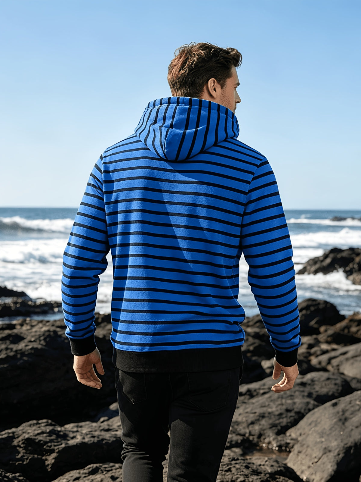 Autumn/Winter 2026 New Arrival Men's Casual Loose Striped Minimalist Trendy Color-Block Henry Hooded Sweatshirt - Royal Blue