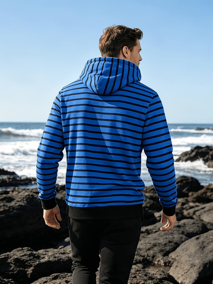 Autumn/Winter 2026 New Arrival Men's Casual Loose Striped Minimalist Trendy Color-Block Henry Hooded Sweatshirt - Royal Blue