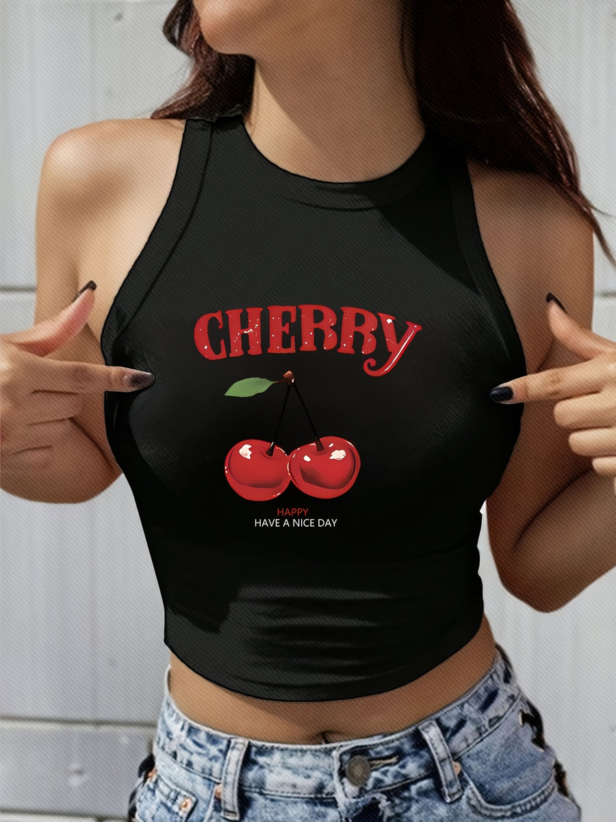 Women's Y2K Elegant Fashion Autumn/Summer Round Neck Tank Top, Cherry Print, Soft Fabric, Machine Washable Comfortable Knitwear, Trendy All-Season Street Style, Popular Loose-Fit Comfortable Multi-Color Option, Breathable Trendy Casual Top - Black