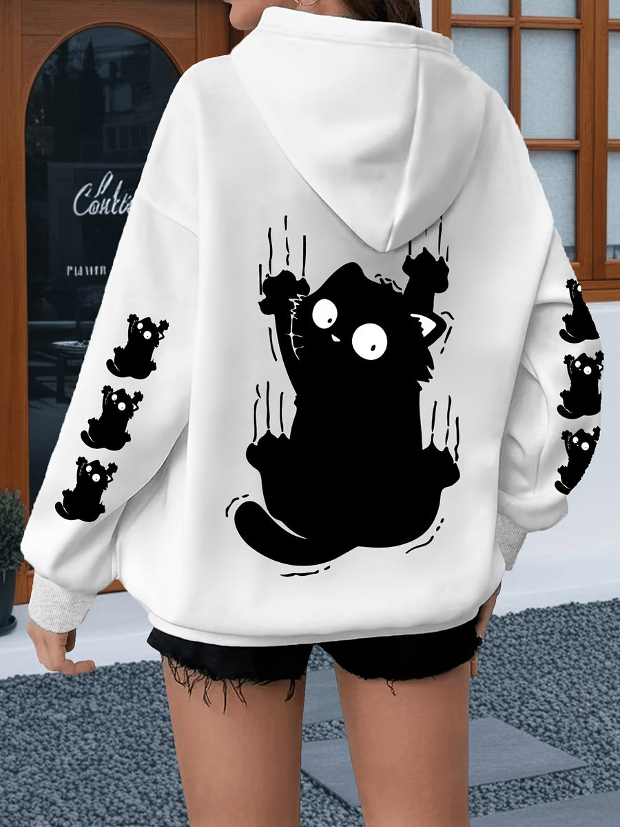Women's Hoodie with Scared Cat Print, Fashionable Women's Apparel - White