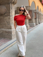 Women'S Fashion Summer Solid Color Asymmetrical Neck Short Sleeve Slim Fit Ruched T-Shirt, Suitable for New Year Wear - Red