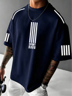 Men'S Sport Print T-Shirt, Casual Street Style, Fashionable And Versatile, Summer Short-Sleeve Round Neck Top, Suitable for Sports Enthusiasts And Urban Symbol Lovers - Navy Color