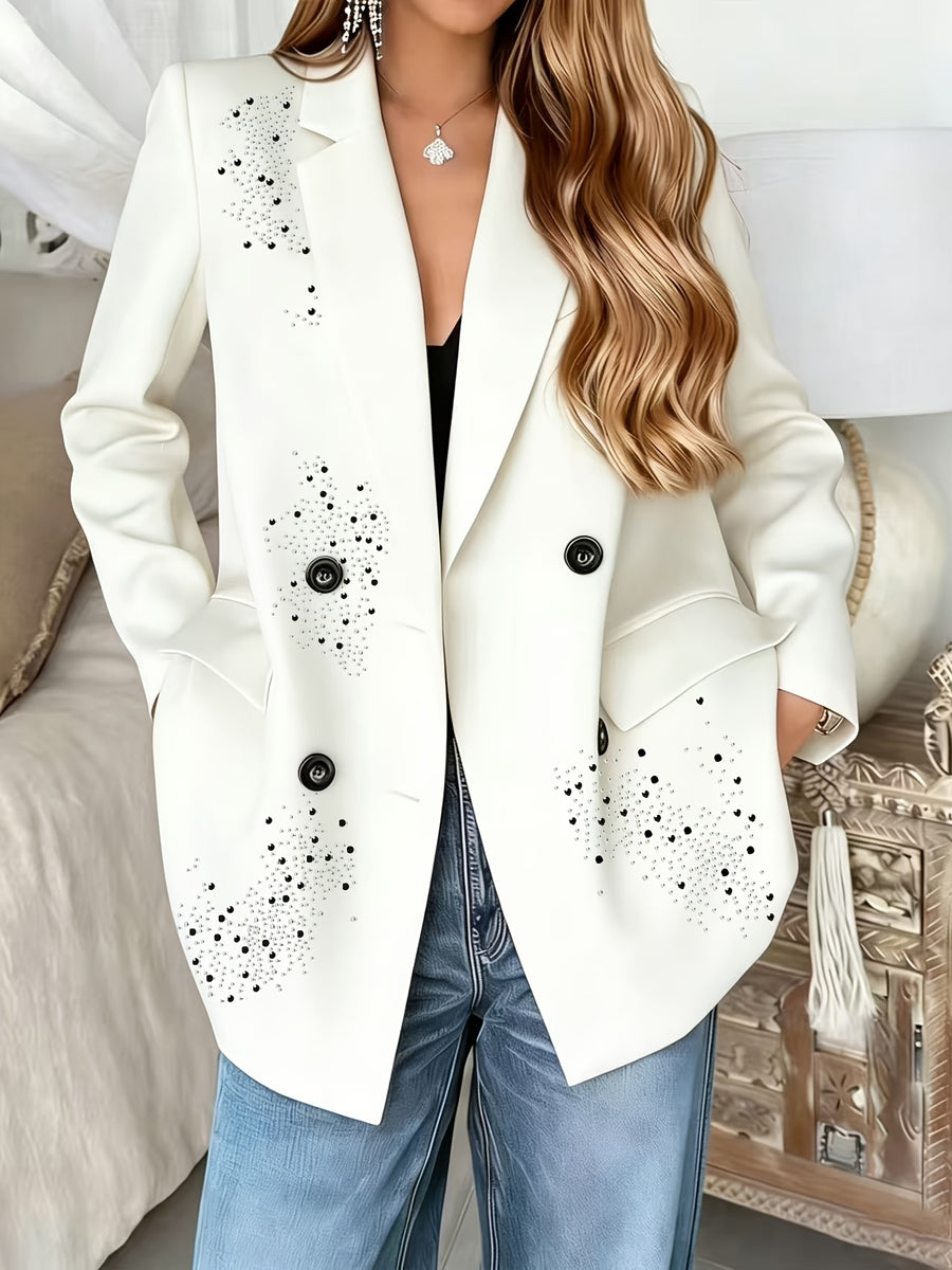 Spring/Autumn Women'S Blazer, Rhinestone Long Sleeve Suit, Double-Breasted Lapel Design, High-Quality Craftsmanship, Machine Washable, Suitable for Dates, Daily Wear, Parties, Fashionable Commuting - White