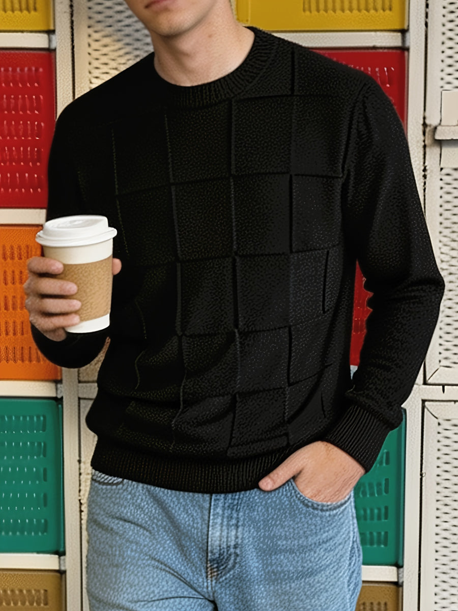 Men'S Round Neck Plaid Textured Knit Sweater, Long Sleeve Soft Lightweight Pullover, Suitable for Business Casual Wear - Black