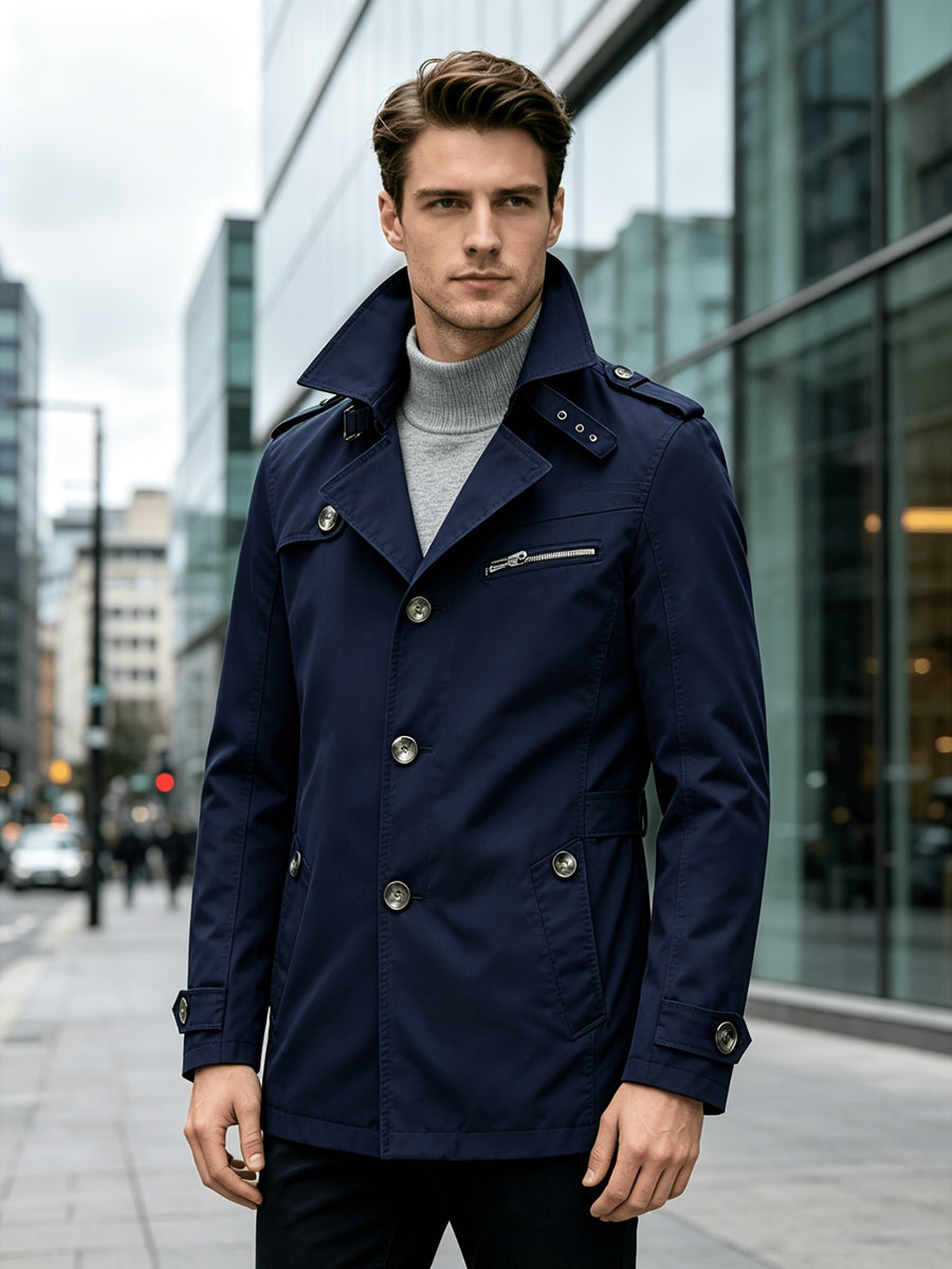 Men'S Lapel Mid-Length Casual Trench Coat, Single-Breasted Utility Style Jacket, with Epaulettes, Metal Buttons, Zipper-Decorated Pocket, Spring/Autumn Casual Outerwear, Suitable for Office And Daily Commute, Men'S Business Coat - Navy Color