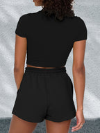 Summer Fashion Sticker Short Sleeve T-shirt and Shorts Two-piece Casual Sports Suit X4071 - Black