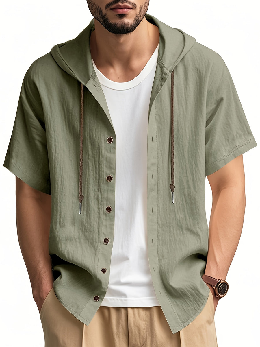 Men's 2pcs Short-Sleeve Hoodie Shirt, Regular Fit, Lightweight Open Cardigan, Vacation Casual Top - Navy Blue + Green