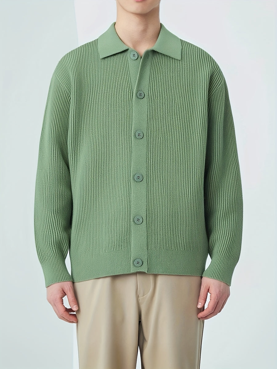 Men's Casual Knit Cardigan - Solid Color, Button-Up with Lapel Collar, Loose Fit for Fall/Winter - Green