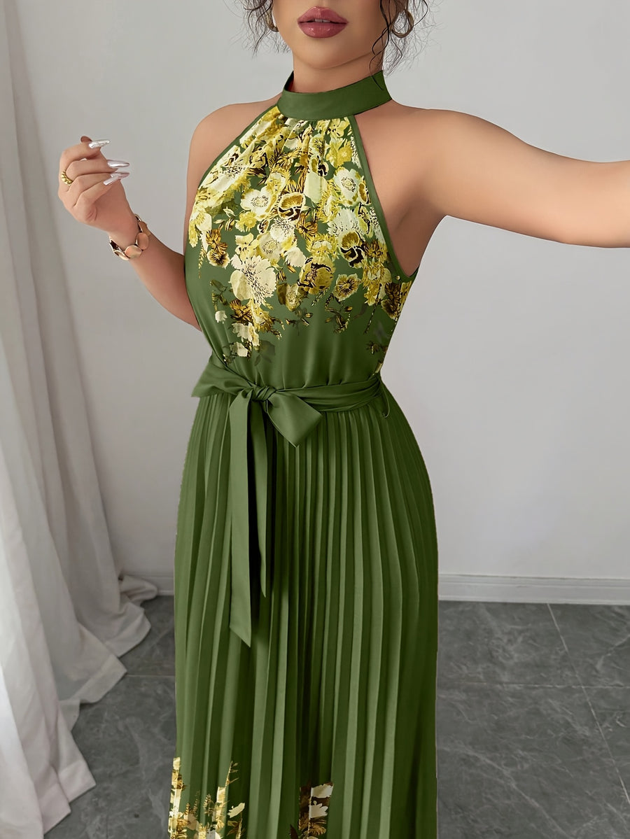 Fashionable New Women'S Summer Halter Floral Print Pleated Dress - Army Green Bottom Yellow Flower