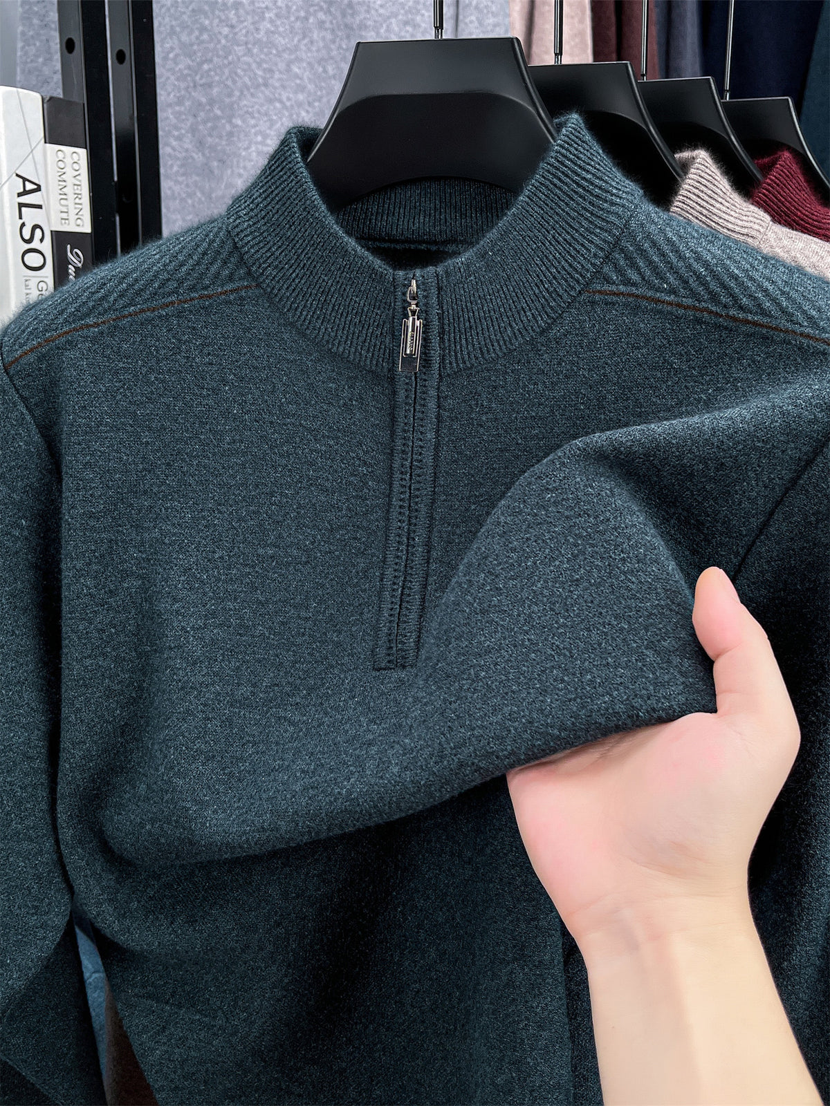 Autumn/Winter Knitted Solid Color Crew Neck Half-Zip Sweater, Basic Knit Pullover, Men's Fashion Long Sleeve Knitwear, QS - Green