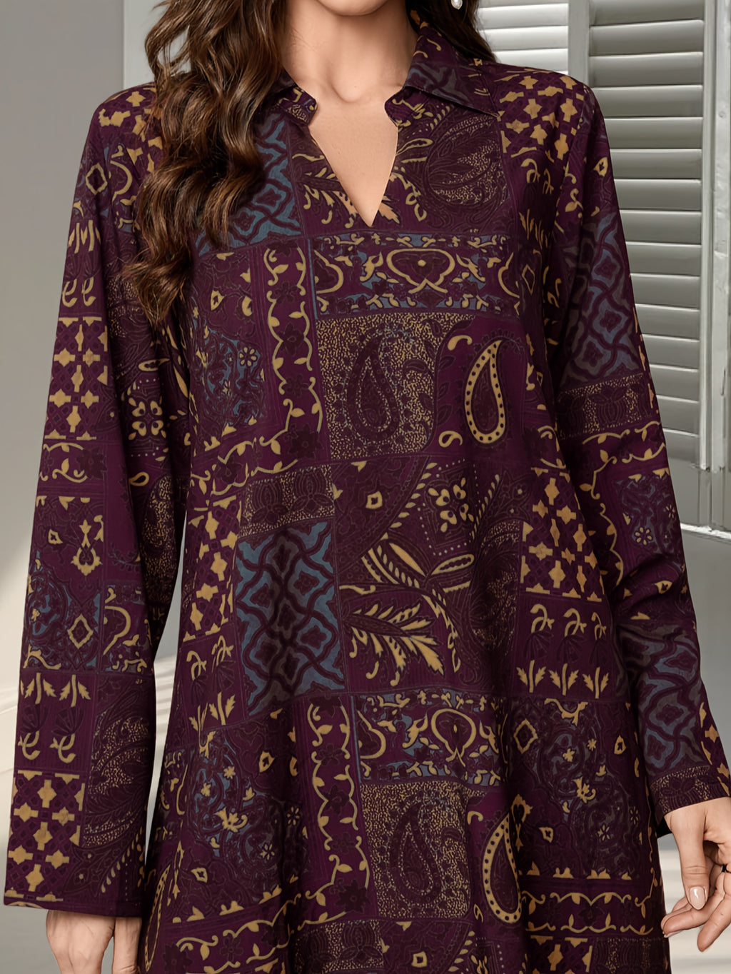New Spring/Autumn Middle Eastern Style Elegant Women's Paisley Print Long Dress, Loose Fit Holiday Style Lapel Collar Long Sleeve Dress - Fuchsia