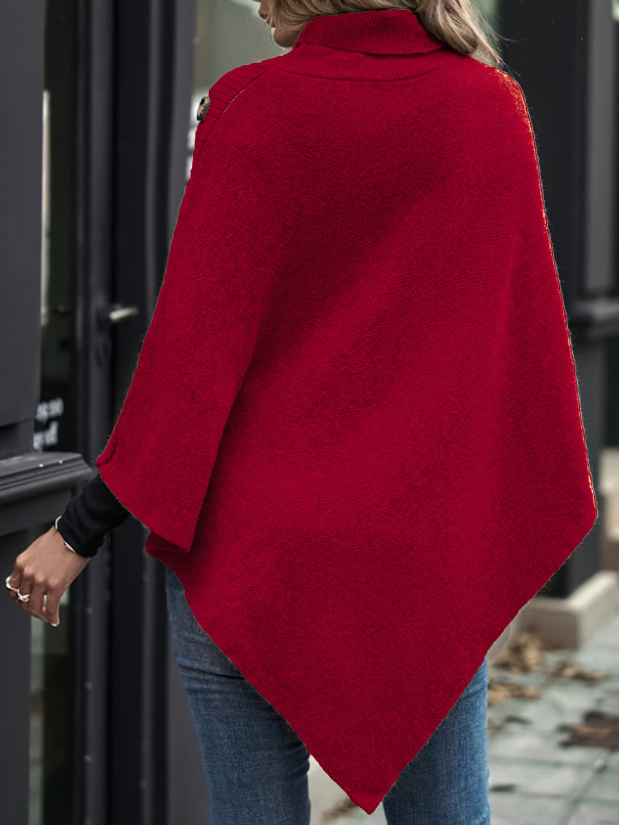 Elegant Special "Slim Fit Bust" 1 Elegant Women's Solid Color High-neck Shawl Pullover, Side Faux Button Decoration, Asymmetrical Design, 100% Polyester, Fashionable and Elegant Vintage Ethnic Style Pullover, Suitable for Spring, Autumn, and Winter - Red