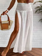 Solid Color Spring And Summer Women'S Elegant Split Skirt, Stylish Gathered Midi Skirt - White