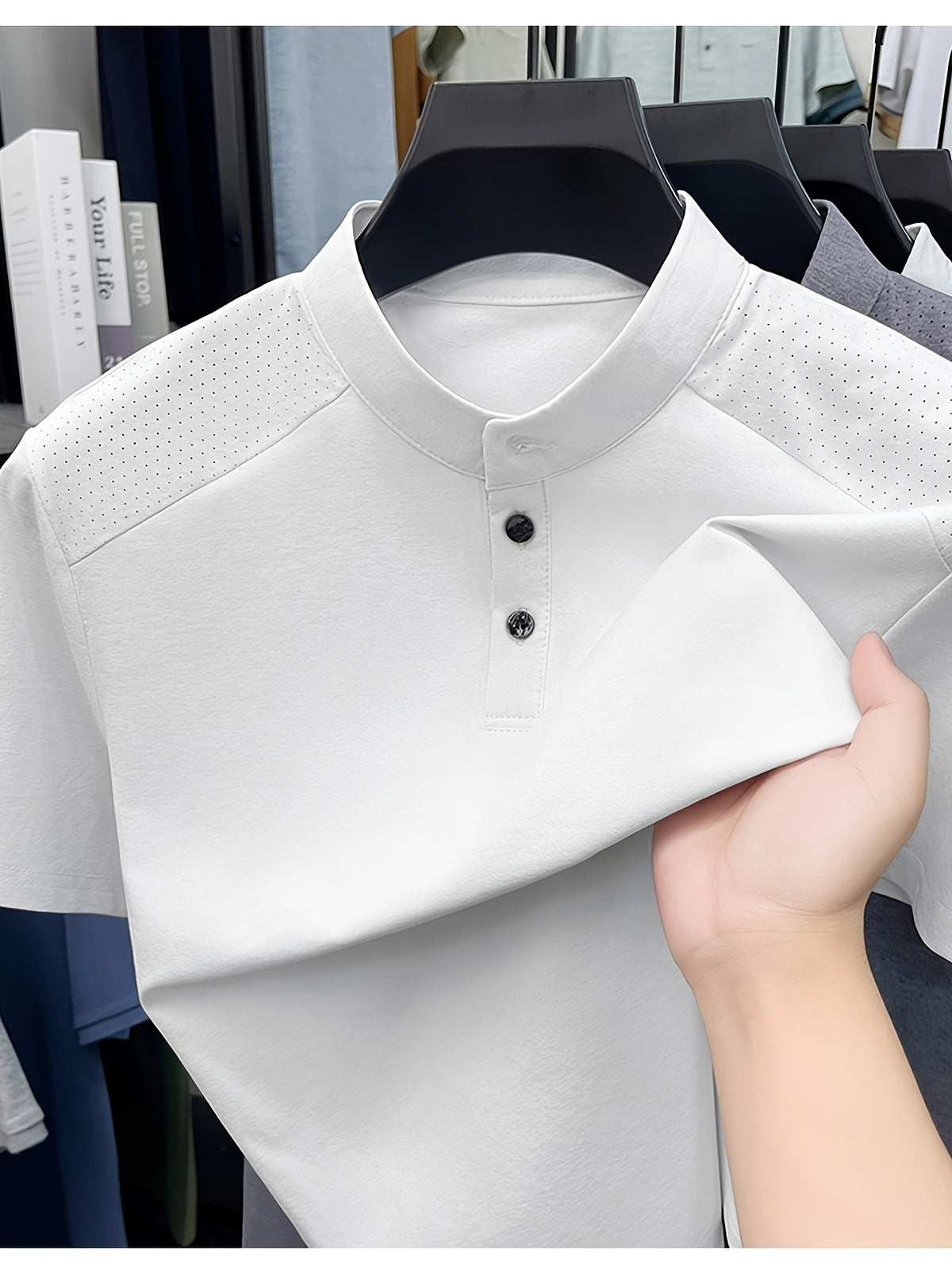 1 Men's Stand Collar Short Sleeve Polo Shirt, Suitable for Business Commutes and Daily Outings, Breathable, Moisture-Wicking, Loose Fit, Slimming, Casual Top, Basic T-Shirt for Middle-Aged and Younger Mature Men, Popular in Europe and America - White