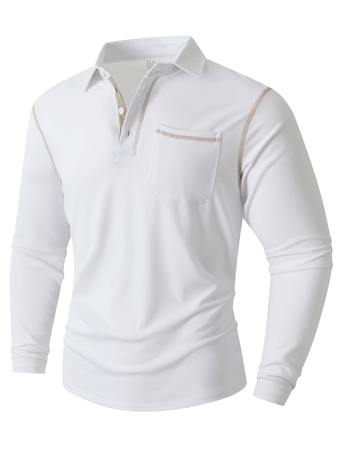 KJ-P029 Men's Long Sleeve Henley Shirt with Contrast Color Placket and Pocket Design, Stretchy, Comfortable, and Casual Polo for Daily Commuting Wear - White