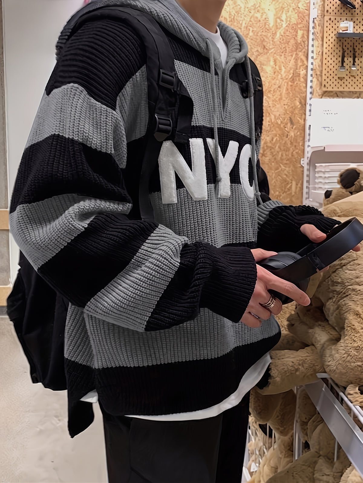 Autumn/Winter Warm Striped New Versatile Casual Men's Knit Pullover Sweater with Embroidered Letters, Drawstring, Button Hood, Long Sleeves, for Work, School, Dating, and Commuting - Grey