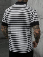 Men's Old Money Style Black & White Textured Stripe Polo Shirt - Breathable Knit Short Sleeve T-Shirt with Polo Collar, Loose Fit Suitable for Business Casual, Office,, Year-Round Wear - Black