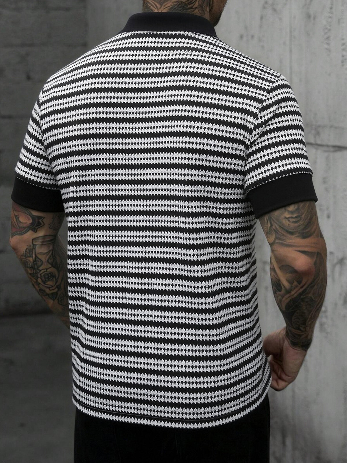 Men's Old Money Style Black & White Textured Stripe Polo Shirt - Breathable Knit Short Sleeve T-Shirt with Polo Collar, Loose Fit Suitable for Business Casual, Office,, Year-Round Wear - Black