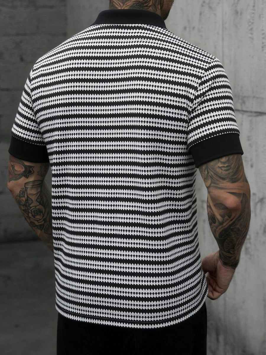 Men's Old Money Style Black & White Textured Stripe Polo Shirt - Breathable Knit Short Sleeve T-Shirt with Polo Collar, Loose Fit Suitable for Business Casual, Office,, Year-Round Wear - Black