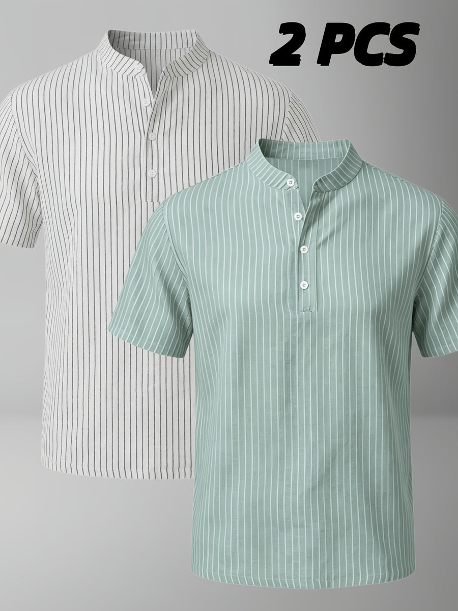 Josh Rose OBM 2pcs Men's Henley Shirts, Men's Summer Short Sleeve Regular Fit, Lightweight and Breathable, 95% Linen, Solid and Striped in Black and White, Features 4 Buttons, Suitable for Summer Daily Work, Casual, and Vacation Occasions - White+Green