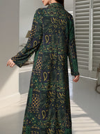 New Spring/Autumn Middle Eastern Style Elegant Women's Paisley Print Long Dress, Loose Fit Holiday Style Lapel Collar Long Sleeve Dress - Green