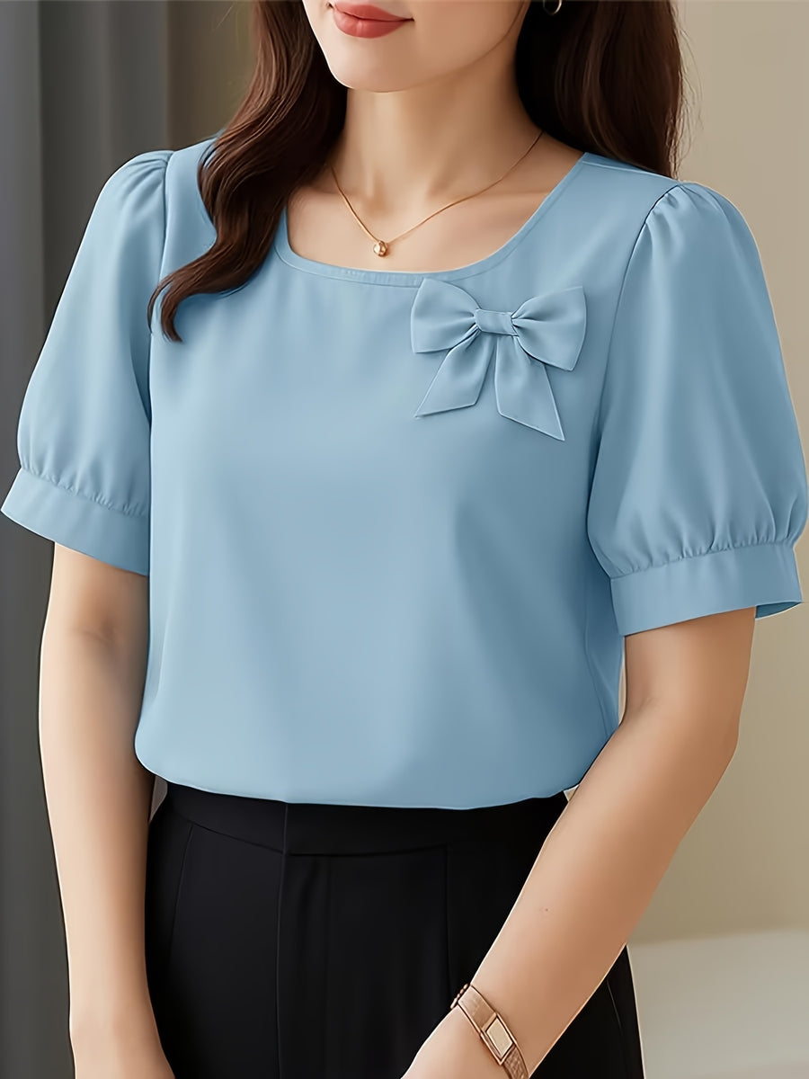 Elegant Casual Square Neck Short Sleeve Shirt with Bow and Puff Sleeves, Solid Color Top - Sky Blue