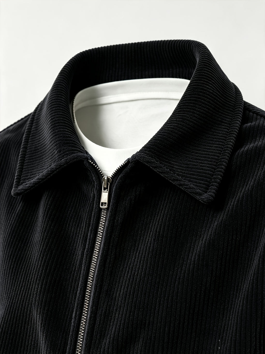 AOMDOTB Men's Corduroy Baseball Jacket - Preppy Collar Zipper Jacket with Chest Label Design & Double-Side Pockets, Solid Color Corduroy Outerwear Suitable for Daily Commuting, School, Back-to-School Outfits (for Teen) - Black