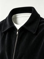 AOMDOTB Men's Corduroy Baseball Jacket - Preppy Collar Zipper Jacket with Chest Label Design & Double-Side Pockets, Solid Color Corduroy Outerwear Suitable for Daily Commuting, School, Back-to-School Outfits (for Teen) - Black