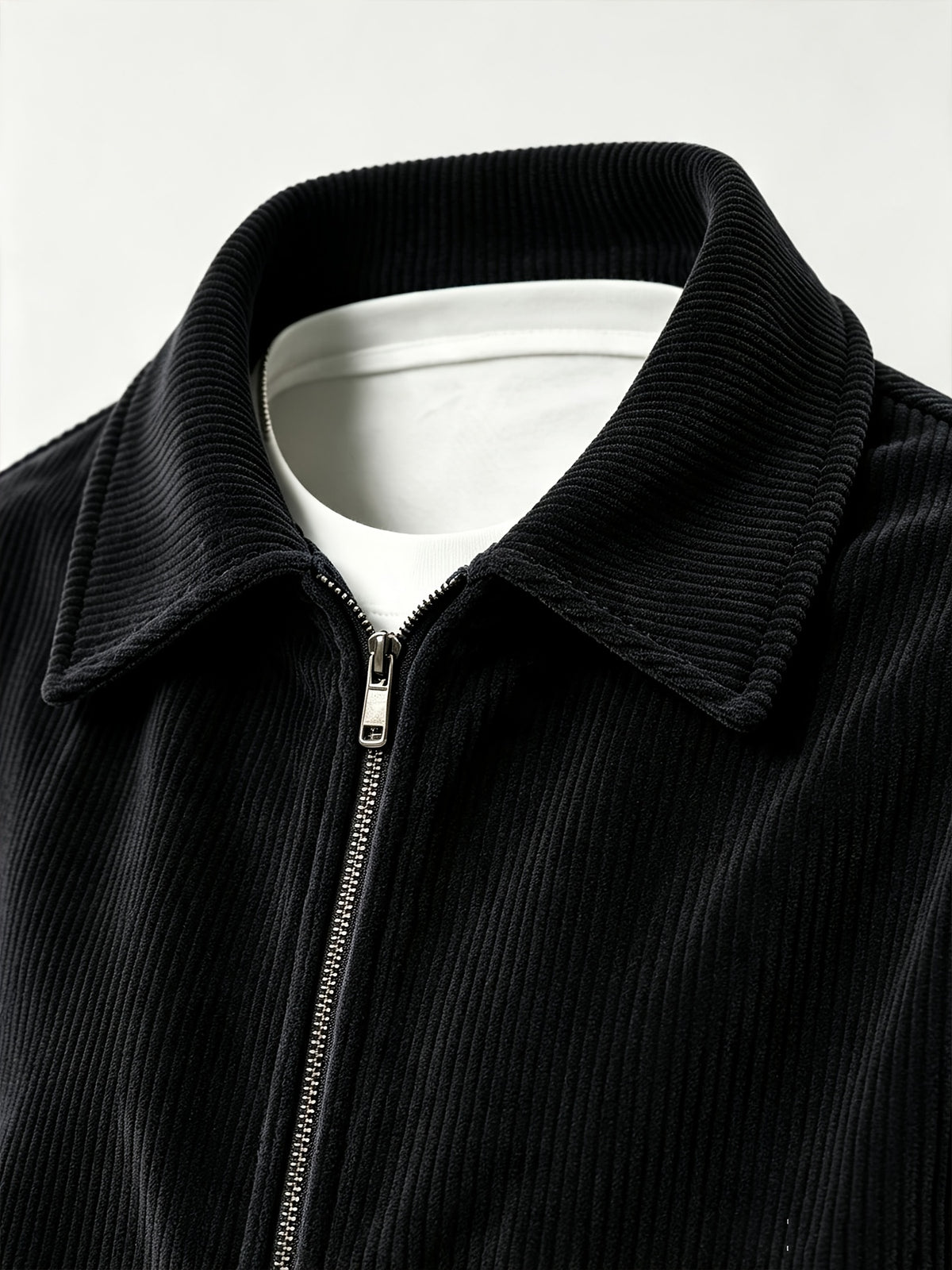 AOMDOTB Men's Corduroy Baseball Jacket - Preppy Collar Zipper Jacket with Chest Label Design & Double-Side Pockets, Solid Color Corduroy Outerwear Suitable for Daily Commuting, School, Back-to-School Outfits (for Teen) - Black