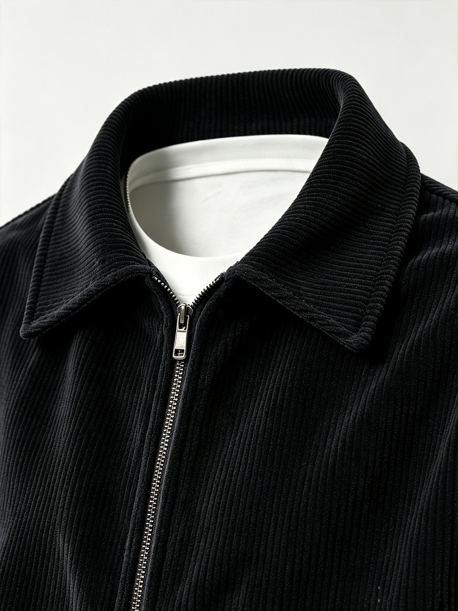 AOMDOTB Men's Corduroy Baseball Jacket - Preppy Collar Zipper Jacket with Chest Label Design & Double-Side Pockets, Solid Color Corduroy Outerwear Suitable for Daily Commuting, School, Back-to-School Outfits (for Teen) - Black