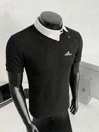 New Design Color-Blocked Slant Collar Short-Sleeve T-Shirt for Men, Summer Trendy  Irregular Collar Business Casual White Letter Print Polo - Black