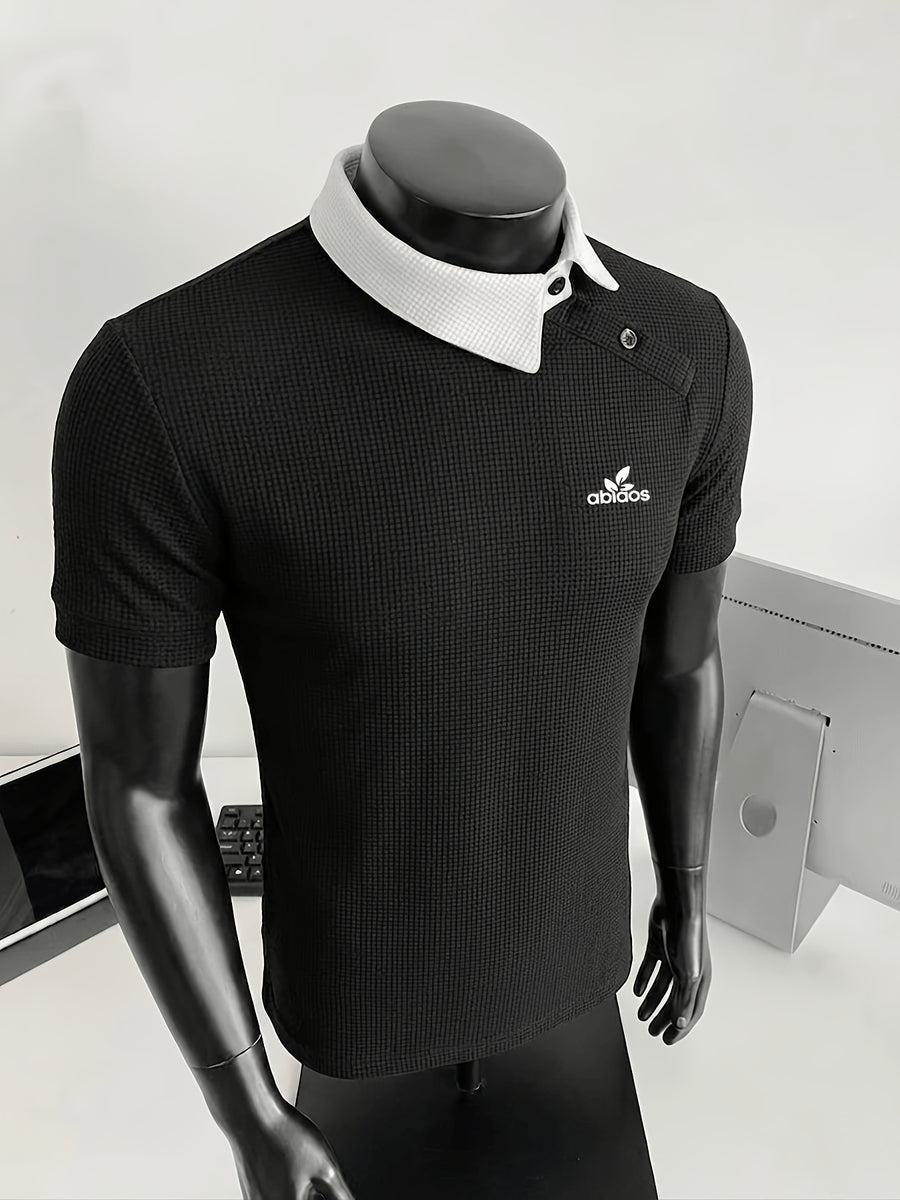 New Design Color-Blocked Slant Collar Short-Sleeve T-Shirt for Men, Summer Trendy  Irregular Collar Business Casual White Letter Print Polo - Black