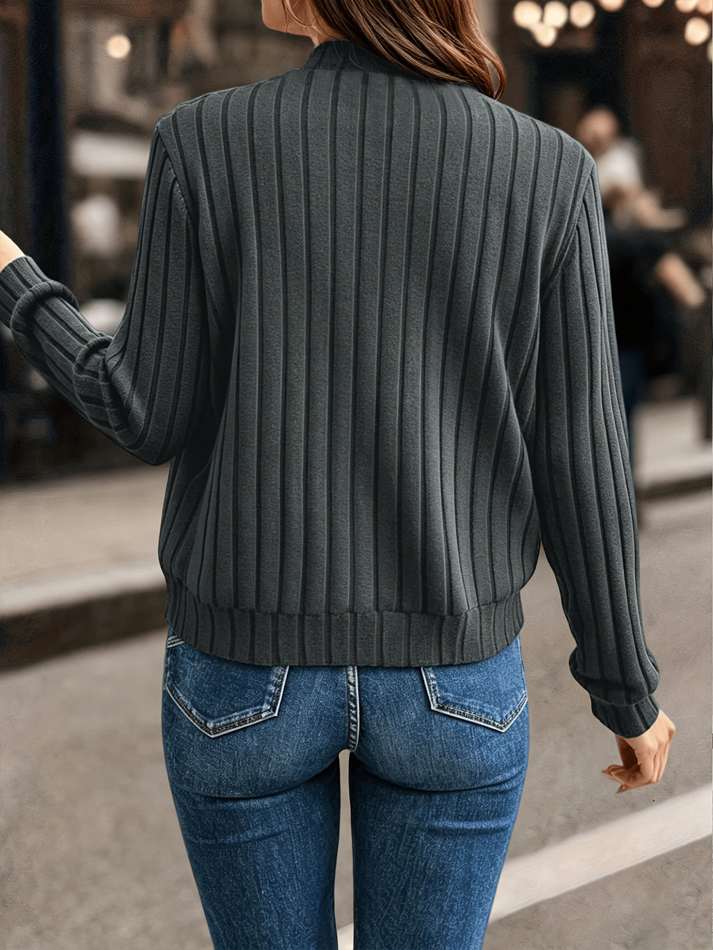 Elegant Directional, Elegant Solid Color Ribbed Zipper Long-Sleeve Jacket Coat - Autumn/Winter Style, Suitable for Commuting, Elegant Casual Wear, Wear - Dark Gray