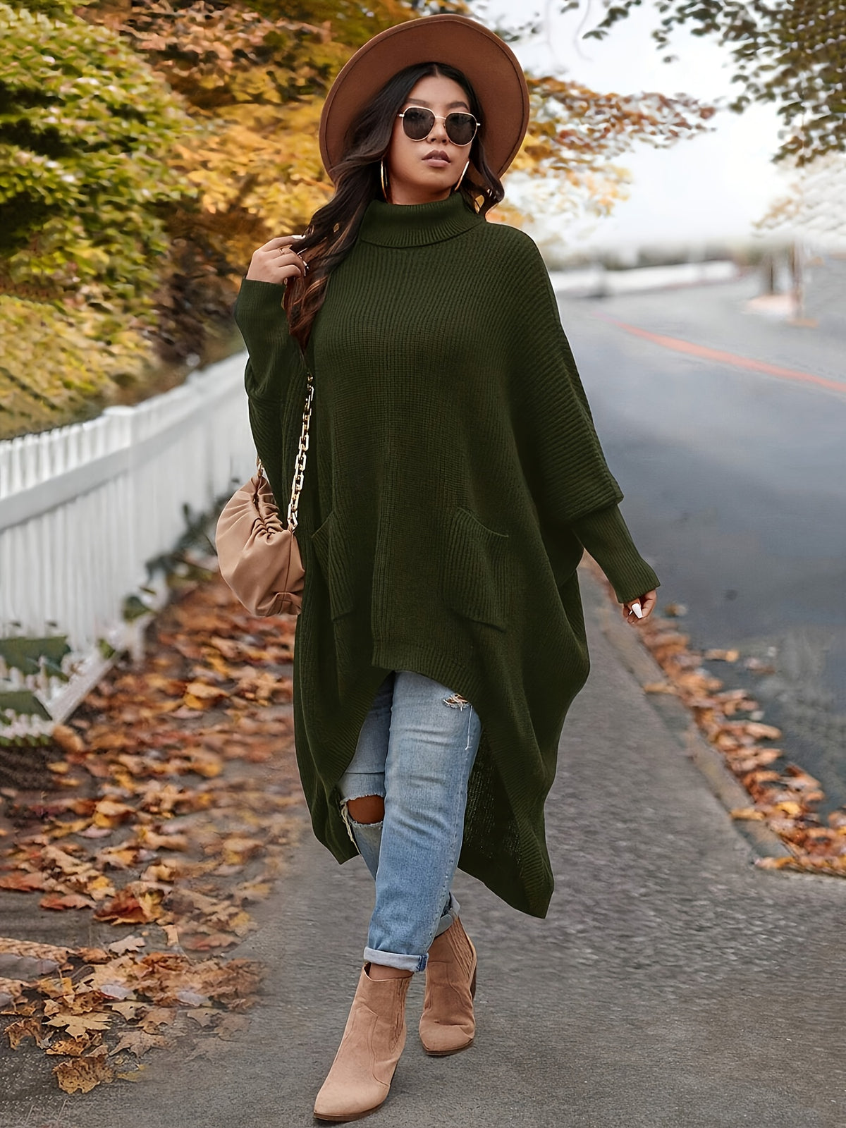 Casual Sweater with Pockets and Asymmetrical Hem, for Parties, Music Festivals, Home Decor, Back-to- Events, Gifts, and Shopping. Winter Clothing, Autumn Sweater - Dark Green