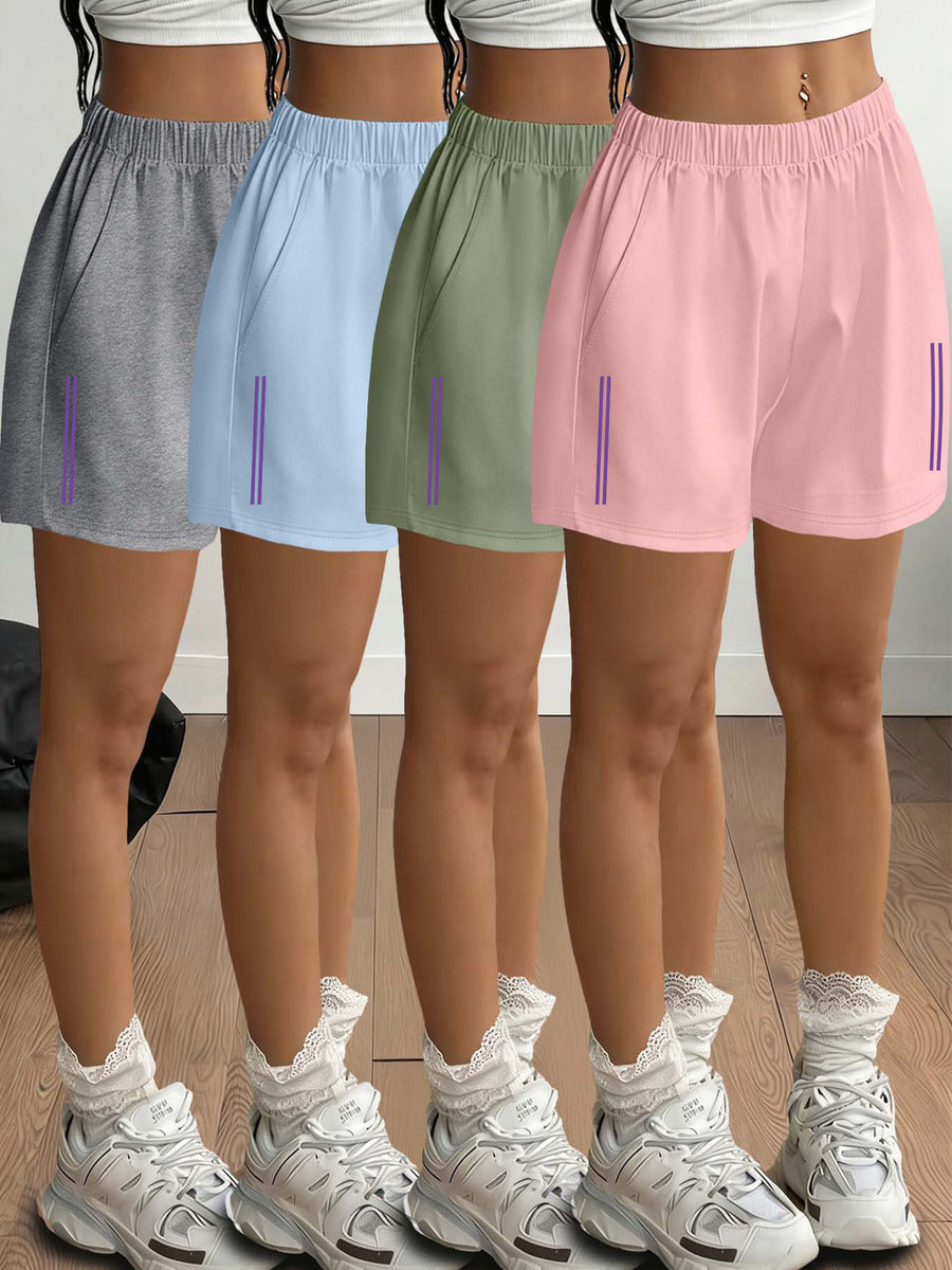 2026 Spring/Summer New Arrival Women's Fashionable Purple Striped Print Leg-Length Enhancing Casual Loungewear Light Y Streetwear Commuting Elastic Waist Side Pocket Shorts 4pcs Set - Light Gray + Blue + Light Green + Pink
