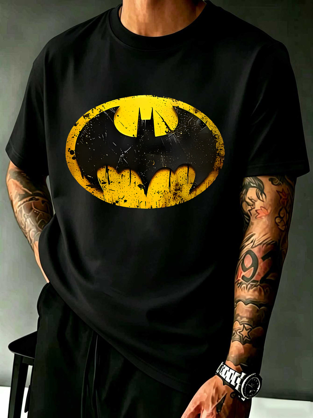 Warner Licensed DC Distressed Bat Symbol Embedded Gotham City Silhouette Print Loose Round Neck Short Sleeve T-Shirt - Black