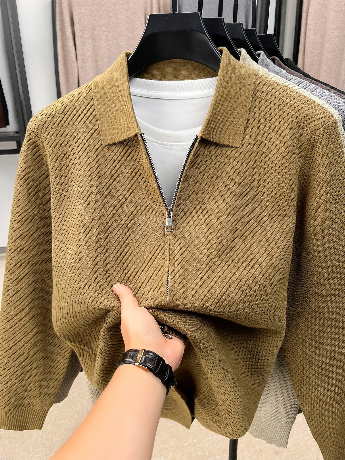 Xingfan Autumn/Winter Men's Long-Sleeve Open-Front Cardigan Lapel Business Casual Solid Color Chunky Knit Full-Zip Thickened Outerwear Jacket - Khaki