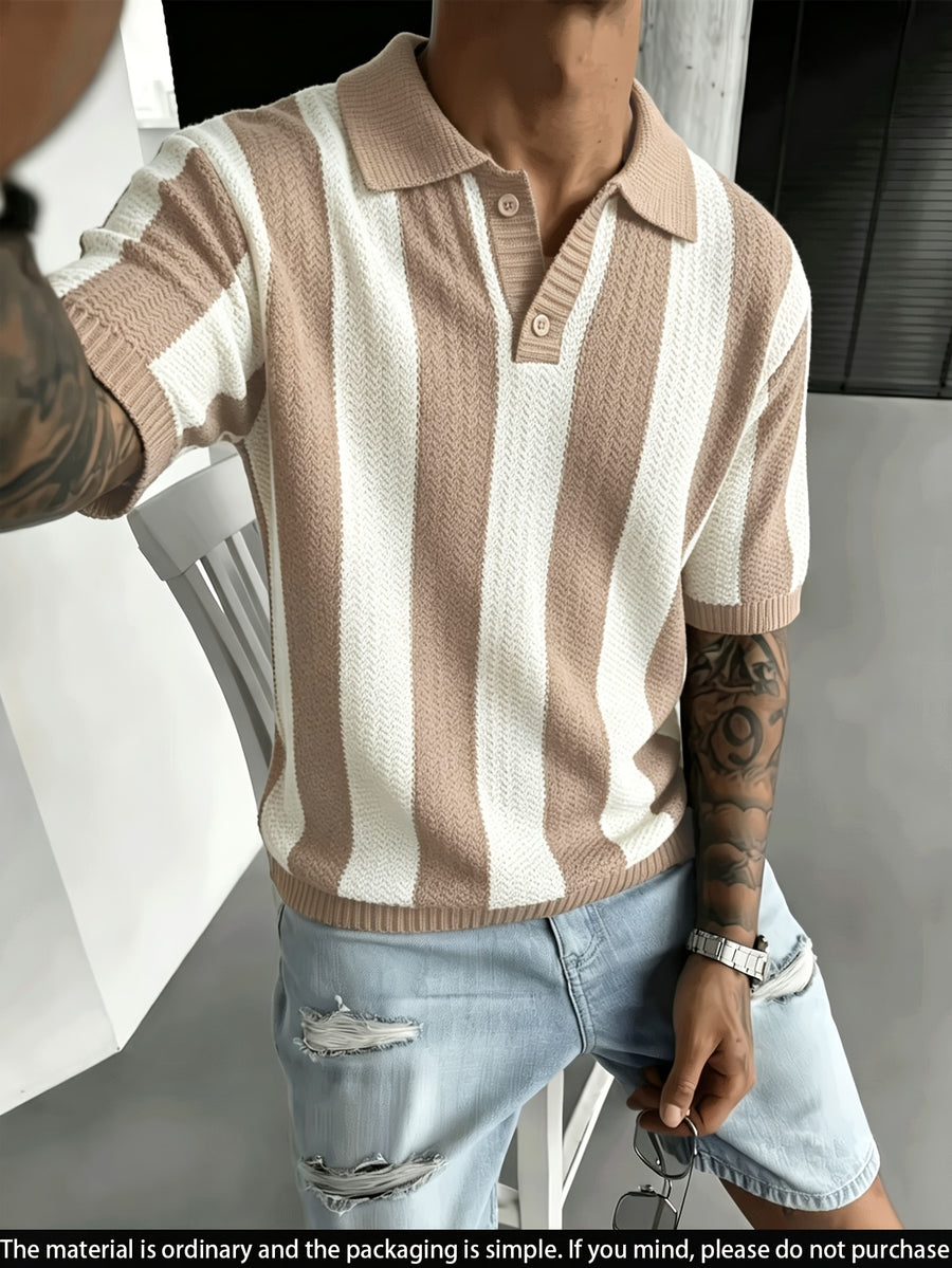 Men'S Knit Short Sleeve Color-Block Pinstripe Polo Collar Casual Loose Business Commute Knit Pullover Top - Apricot