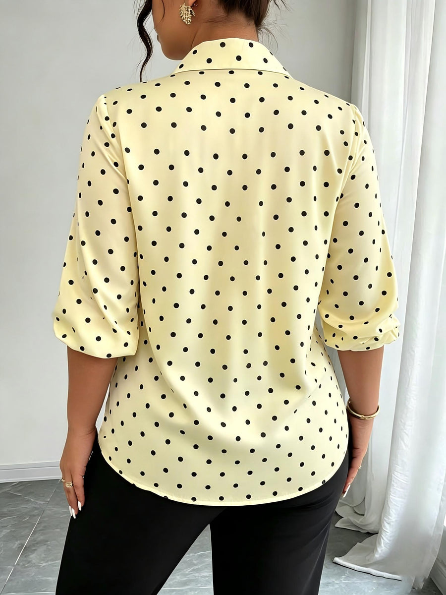 Women'S Polka Dot Long Sleeve Button-Up Shirt, Collar Style, Regular Fit, Non-Stretch Fabric, Suitable for Work And Casual Wear - 【Light Yellow】