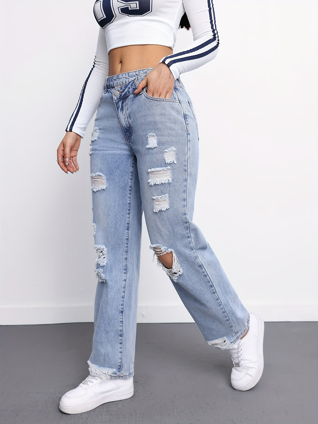Women's All-Season Casual Loose-Fit Versatile Light Blue Ripped Straight-Leg Jeans - Light Blue