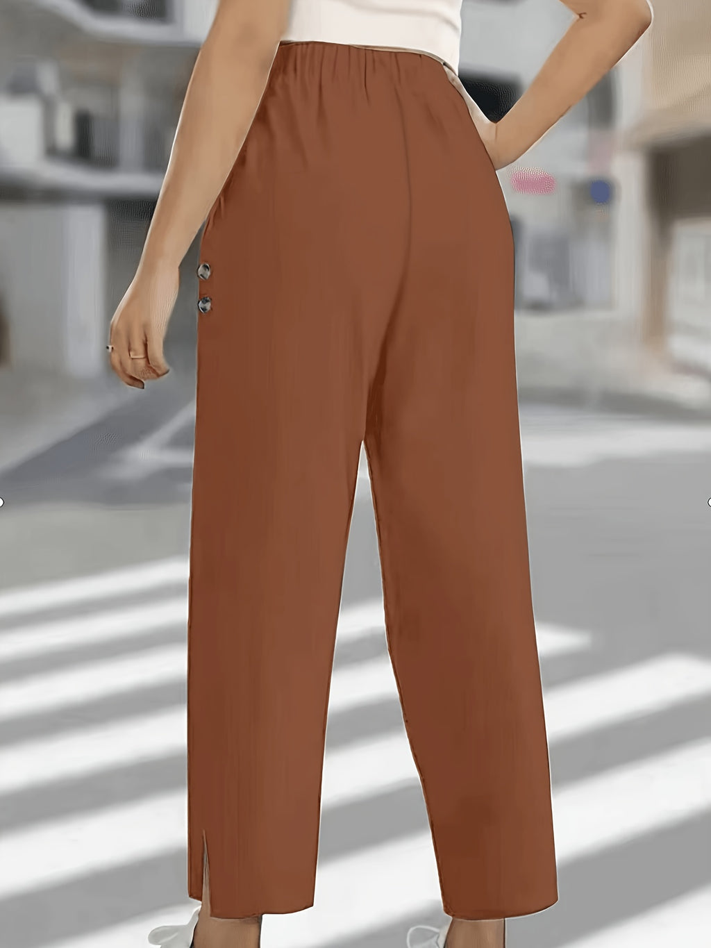 Solid Color Elegant Ankle Pants with Buttoned Pockets, Featuring a Slit Cuff Design for Added Dynamism, Suitable for Daily Outings or Commuting - Rust