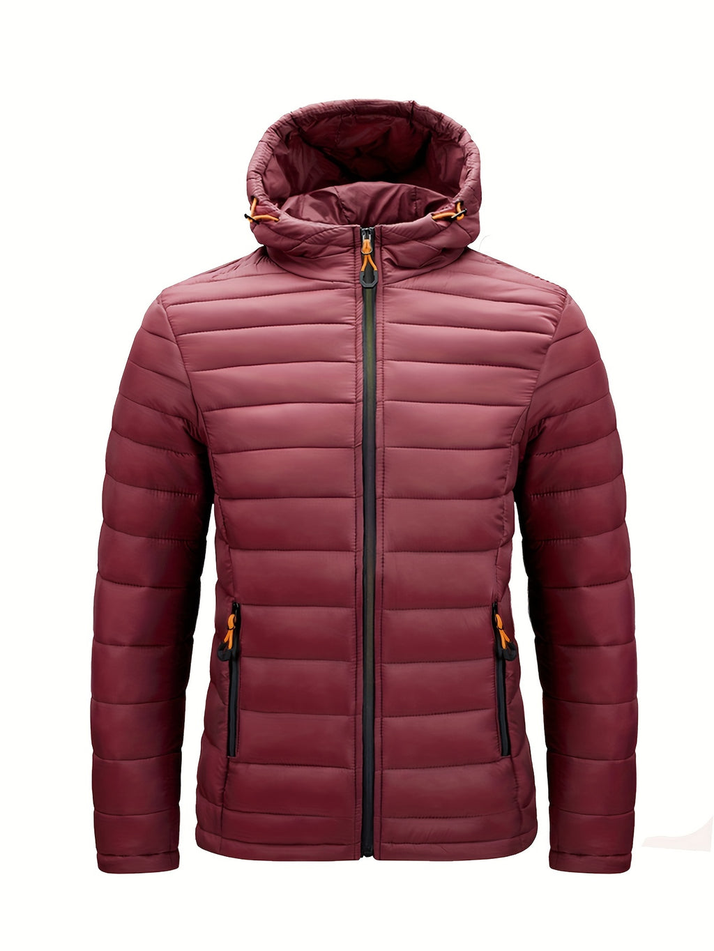 Men's Winter Padded Coat, Hooded Padded Top, Warm Quilted Jacket with Colorful Zipper Pockets - Deep Red
