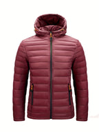 Men's Winter Padded Coat, Hooded Padded Top, Warm Quilted Jacket with Colorful Zipper Pockets - Deep Red