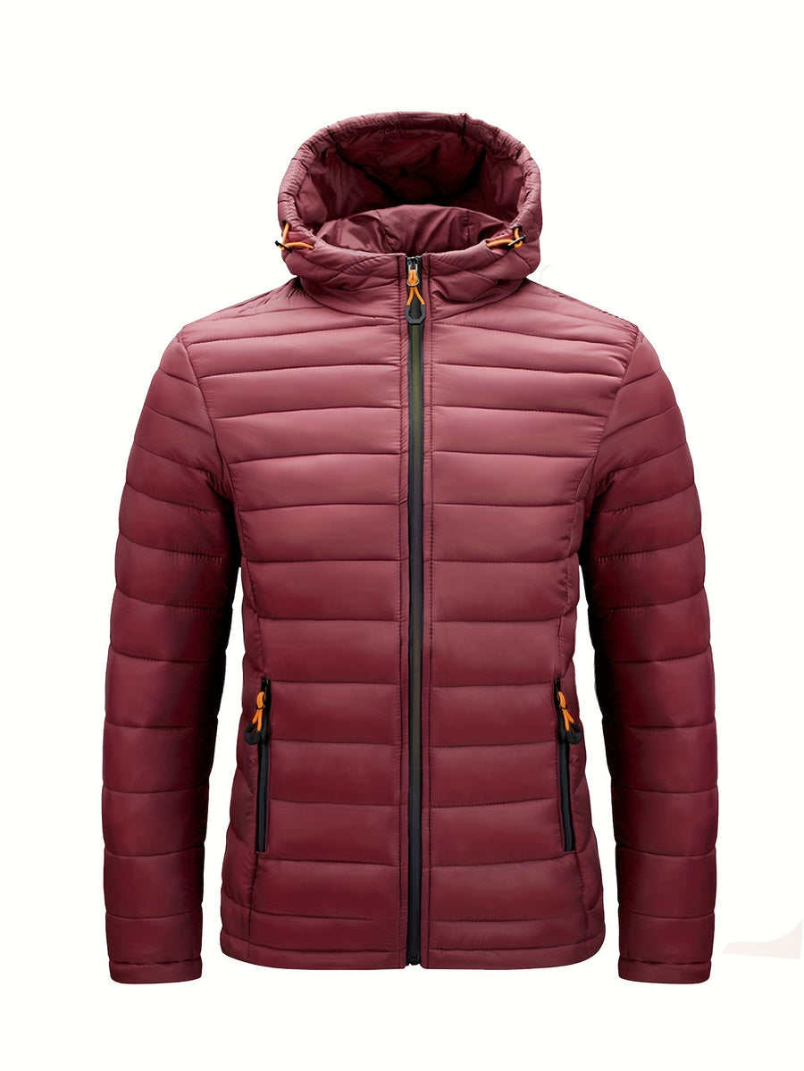 Men's Winter Padded Coat, Hooded Padded Top, Warm Quilted Jacket with Colorful Zipper Pockets - Deep Red