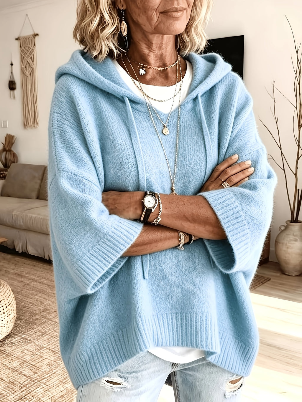 Women's Elegant Casual Style Cute and Sexy Hooded Sweatshirt, Cropped Batwing Sleeve Top, Short Sleeve, Mid-Sleeve Cardigan, Knitwear, Solid Color, Soft and Warm Sweater - Sky Blue