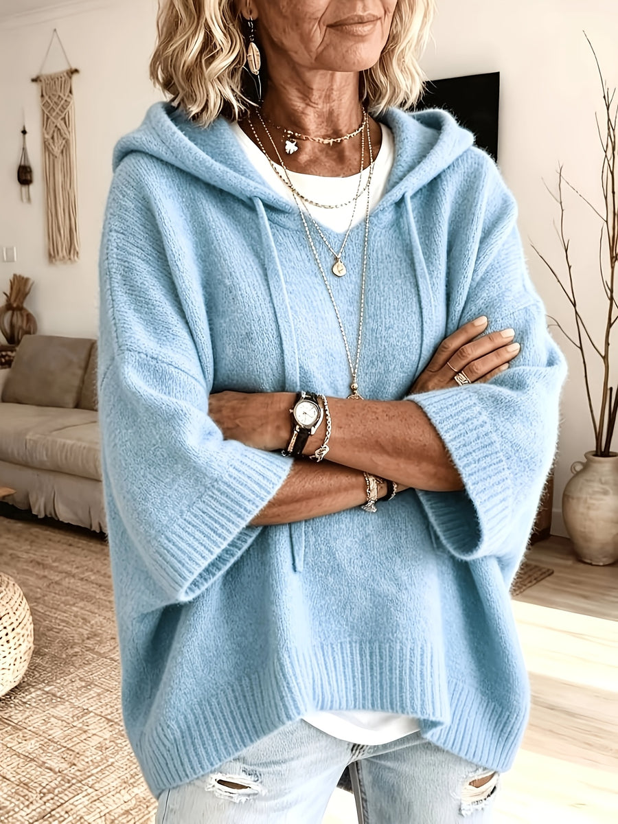 Women's Elegant Casual Style Cute and Sexy Hooded Sweatshirt, Cropped Batwing Sleeve Top, Short Sleeve, Mid-Sleeve Cardigan, Knitwear, Solid Color, Soft and Warm Sweater - Sky Blue