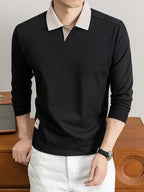 Men's Long-Sleeve T-Shirt, Color-Block Lapel Casual Tee, New Versatile Top for Spring and Autumn - Black