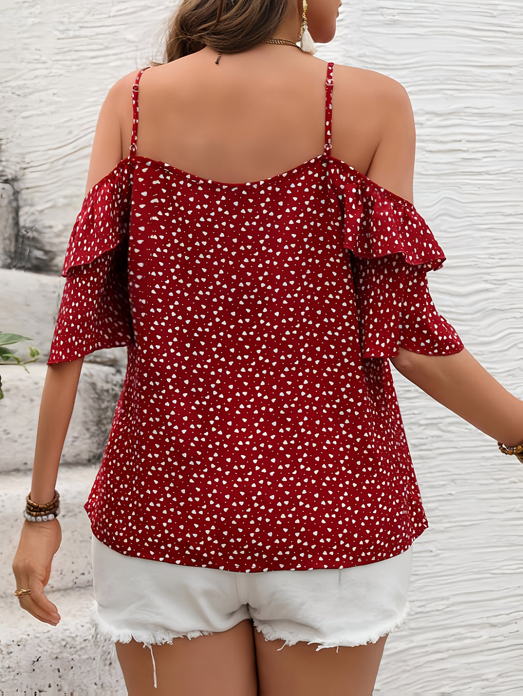 Targeted Elegant Women'S Clothing Heart Print Ruffled Cami Off-Shoulder Top - Burgundy